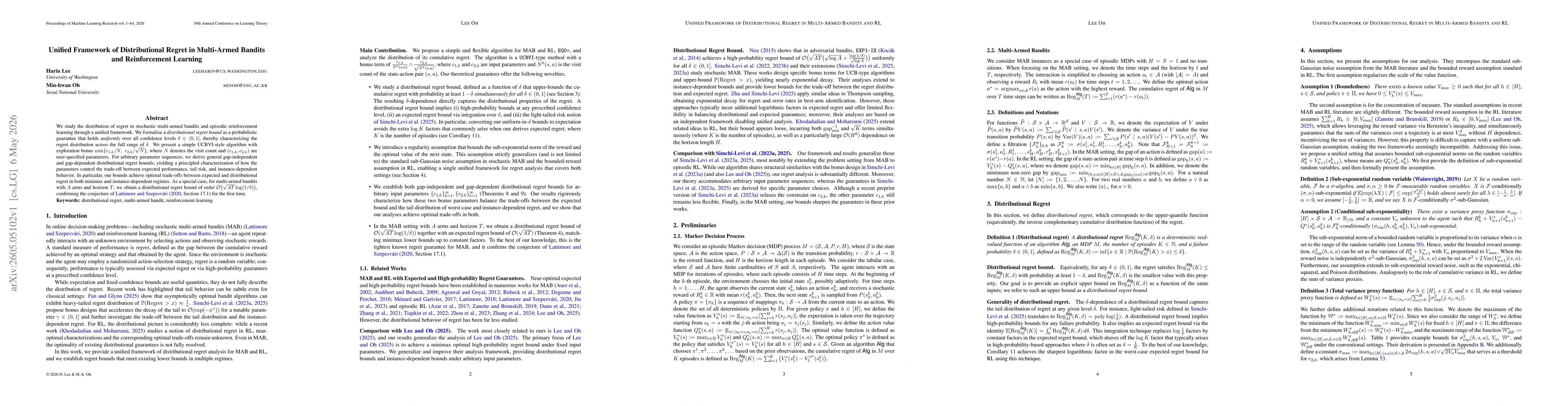 Thumbnail for Unified Framework of Distributional Regret in Multi-Armed Bandits and Reinforcement Learning