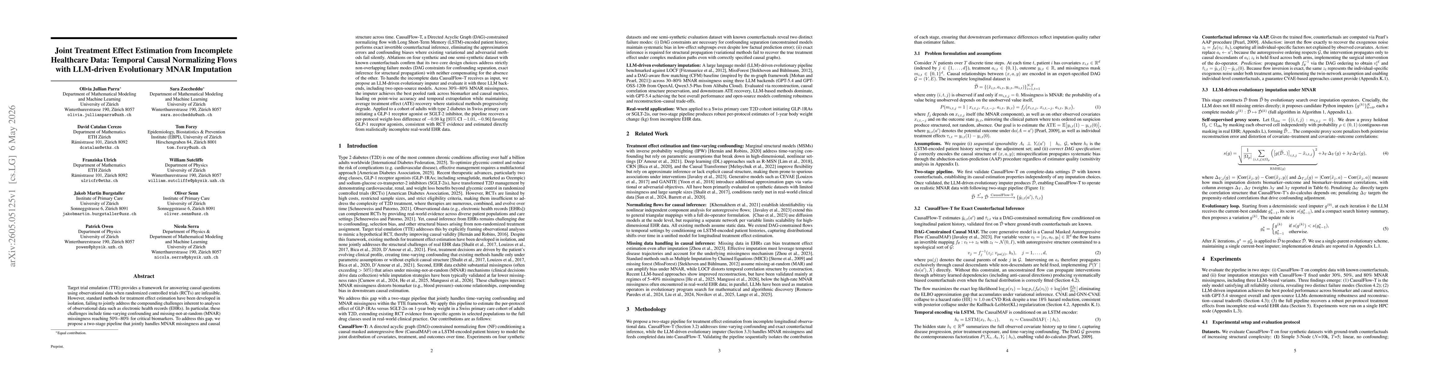 Thumbnail for Joint Treatment Effect Estimation from Incomplete Healthcare Data: Temporal Causal Normalizing Flows with LLM-driven Evolutionary MNAR Imputation