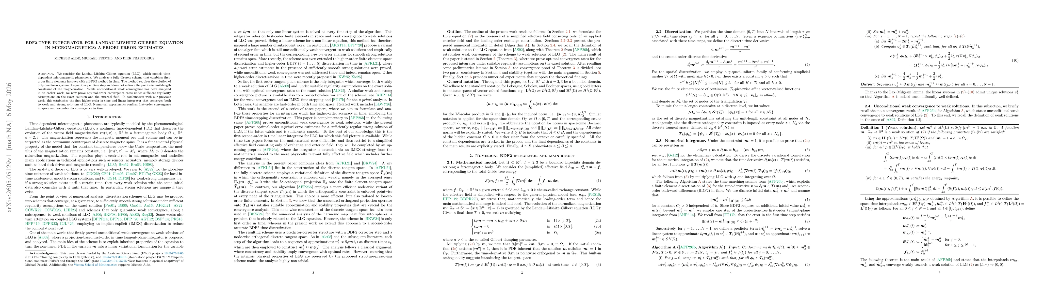 Thumbnail for BDF2-type integrator for Landau-Lifshitz-Gilbert equation in micromagnetics: a-priori error estimates