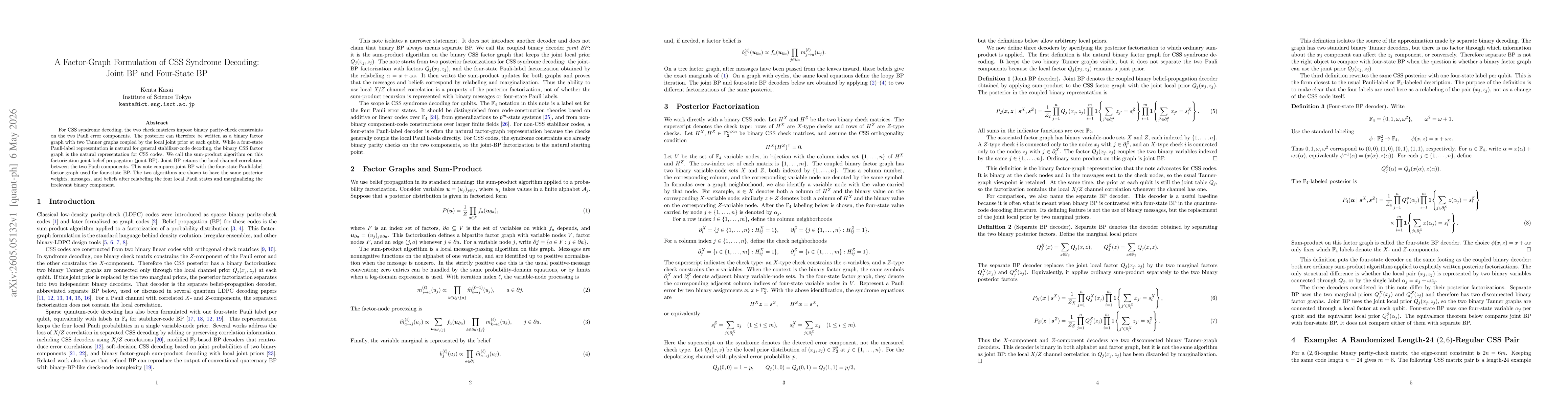 Thumbnail for A Factor-Graph Formulation of CSS Syndrome Decoding: Joint BP and Four-State BP