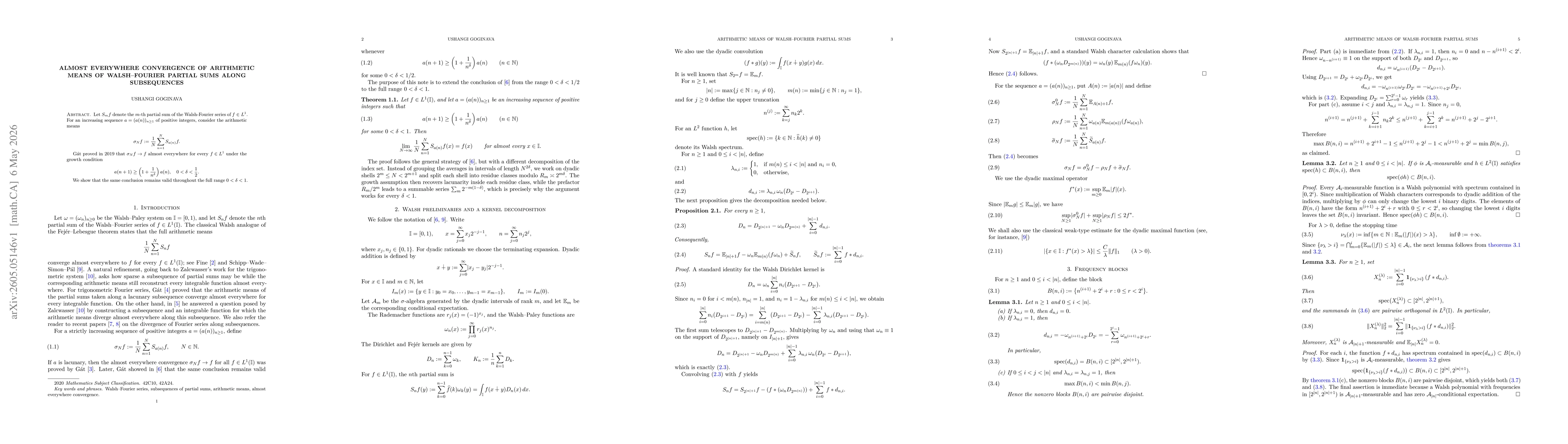Thumbnail for Almost Everywhere Convergence of Arithmetic Means of Walsh--Fourier Partial Sums Along Subsequences