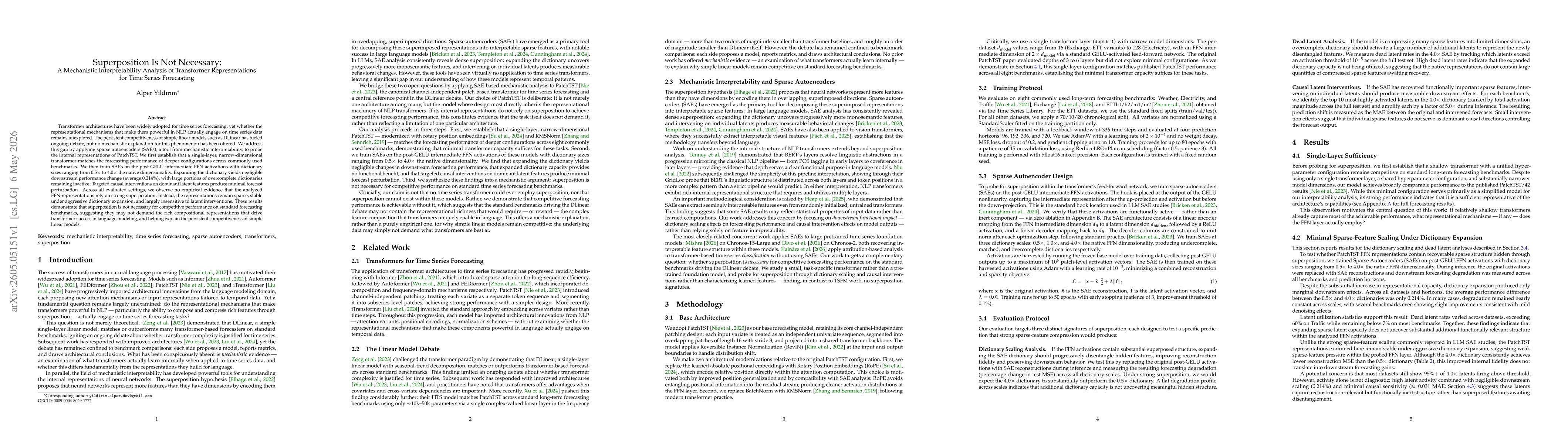 Thumbnail for Superposition Is Not Necessary: A Mechanistic Interpretability Analysis of Transformer Representations for Time Series Forecasting