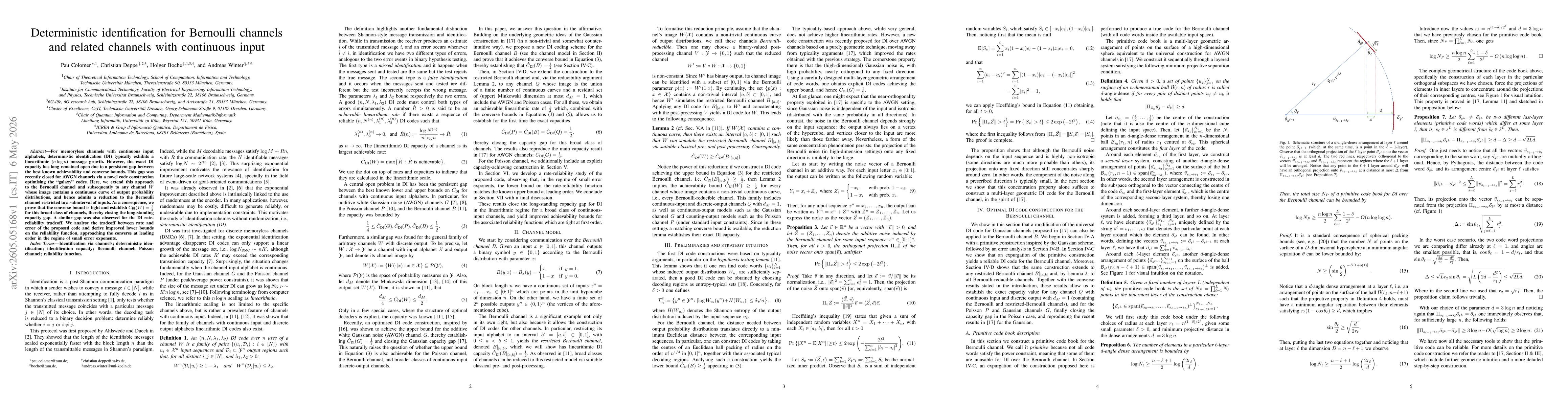 Thumbnail for Deterministic identification for Bernoulli channels and related channels with continuous input