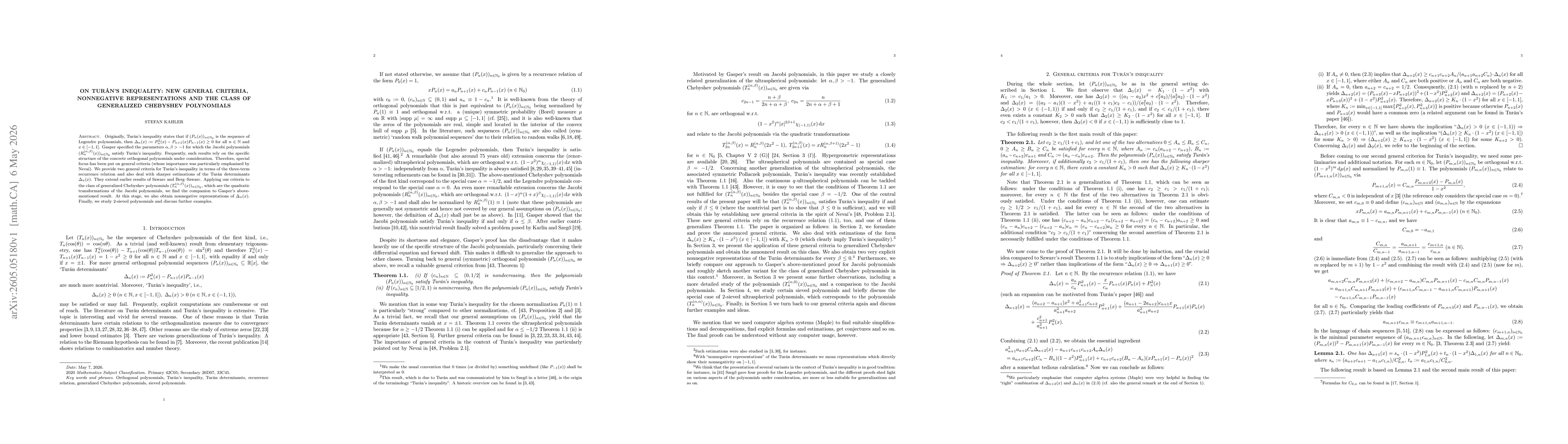 Thumbnail for On Turán's inequality: new general criteria, nonnegative representations and the class of generalized Chebyshev polynomials