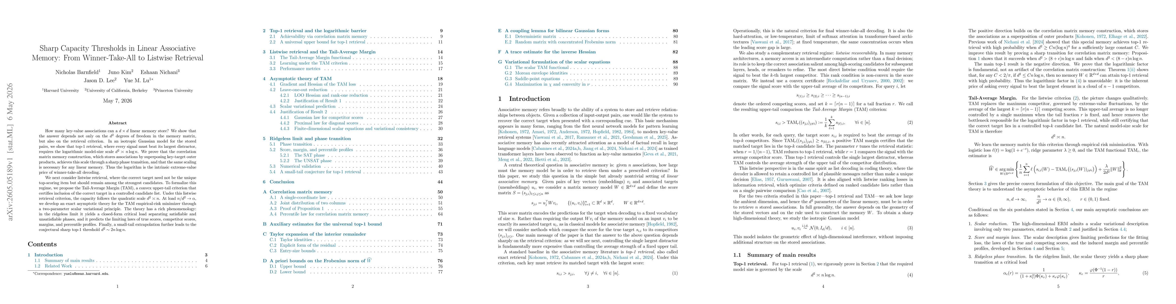 Thumbnail for Sharp Capacity Thresholds in Linear Associative Memory: From Winner-Take-All to Listwise Retrieval
