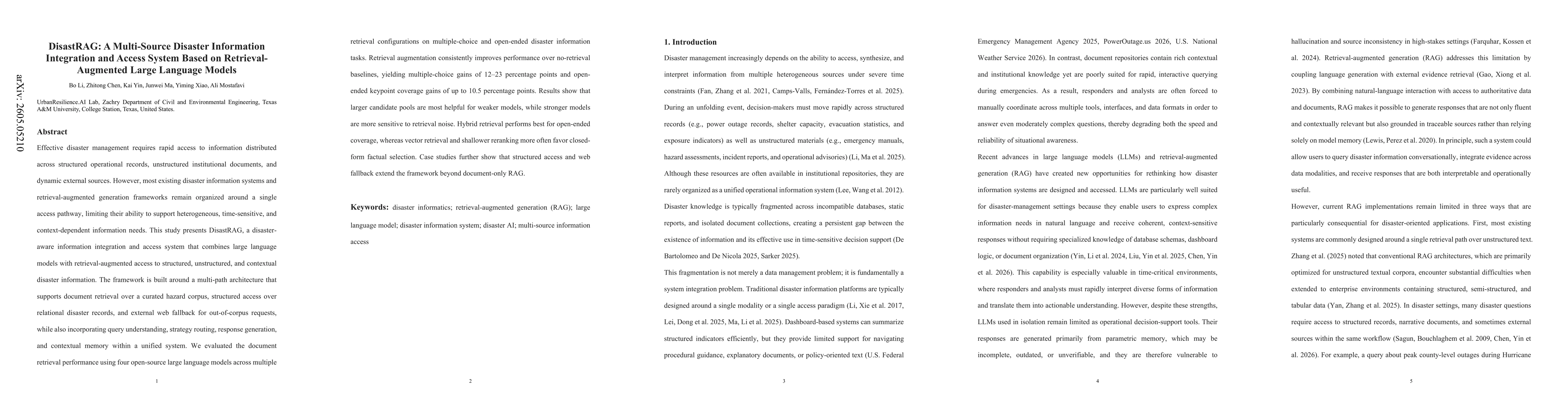 Thumbnail for DisastRAG: A Multi-Source Disaster Information Integration and Access System Based on Retrieval-Augmented Large Language Models