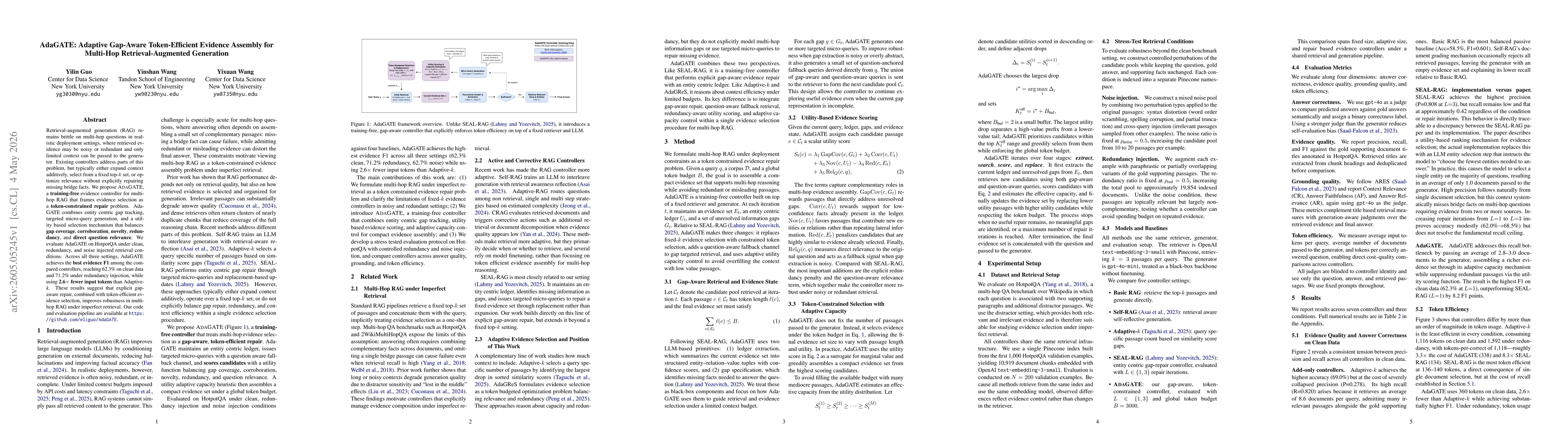Thumbnail for AdaGATE: Adaptive Gap-Aware Token-Efficient Evidence Assembly for Multi-Hop Retrieval-Augmented Generation