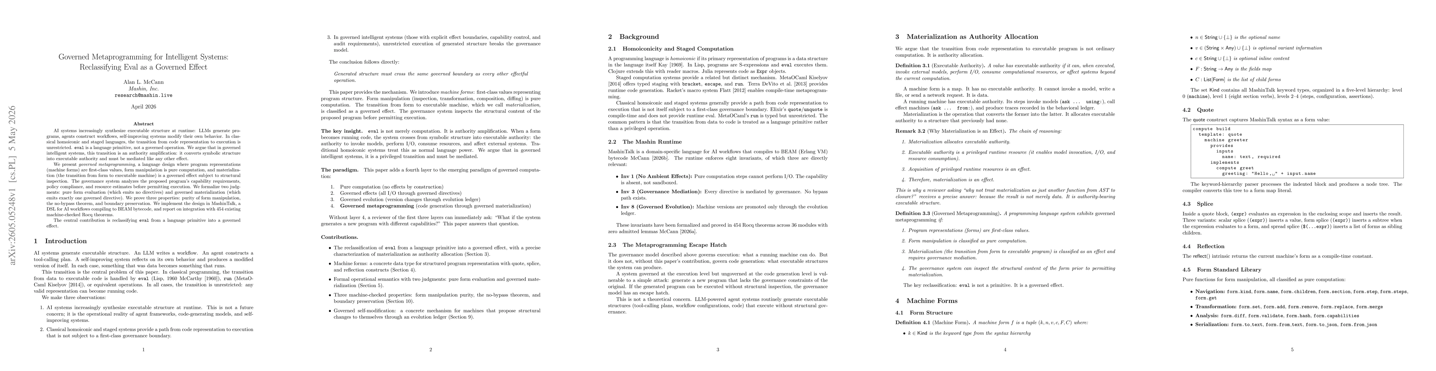 Thumbnail for Governed Metaprogramming for Intelligent Systems: Reclassifying Eval as a Governed Effec