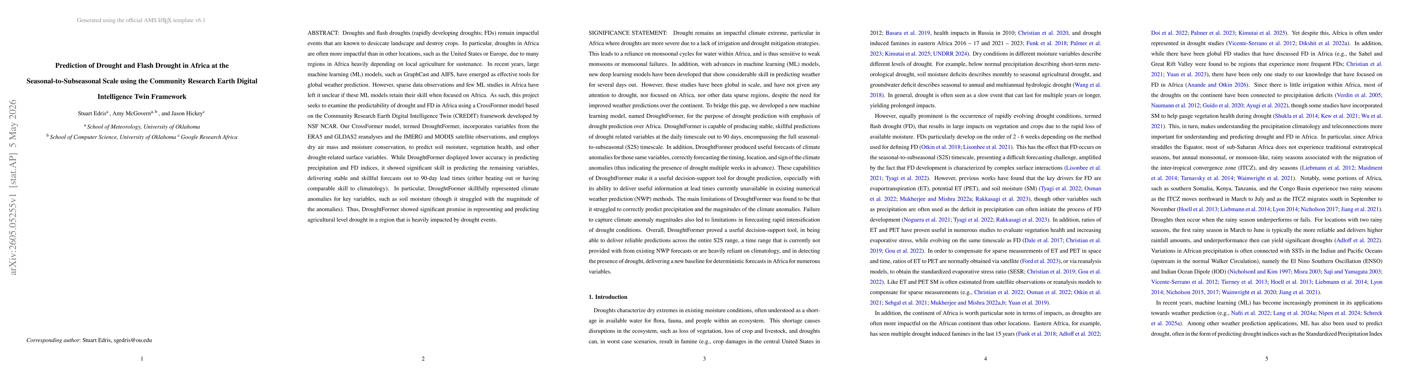 Thumbnail for Prediction of Drought and Flash Drought in Africa at the Seasonal-to-Subseasonal Scale using the Community Research Earth Digital Intelligence Twin Framework