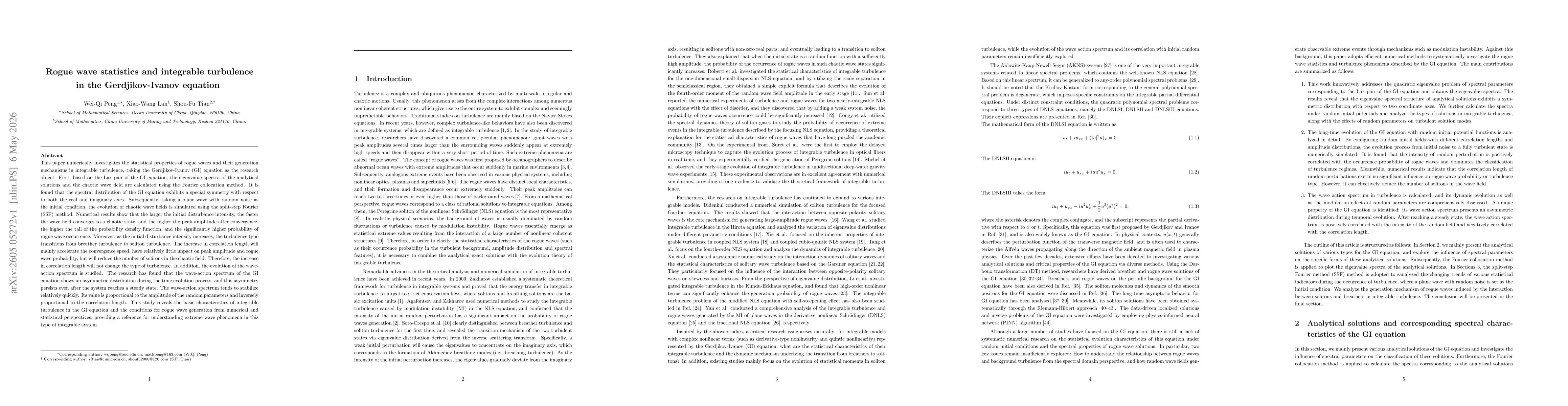 Thumbnail for Rogue wave statistics and integrable turbulence in the Gerdjikov-Ivanov equation