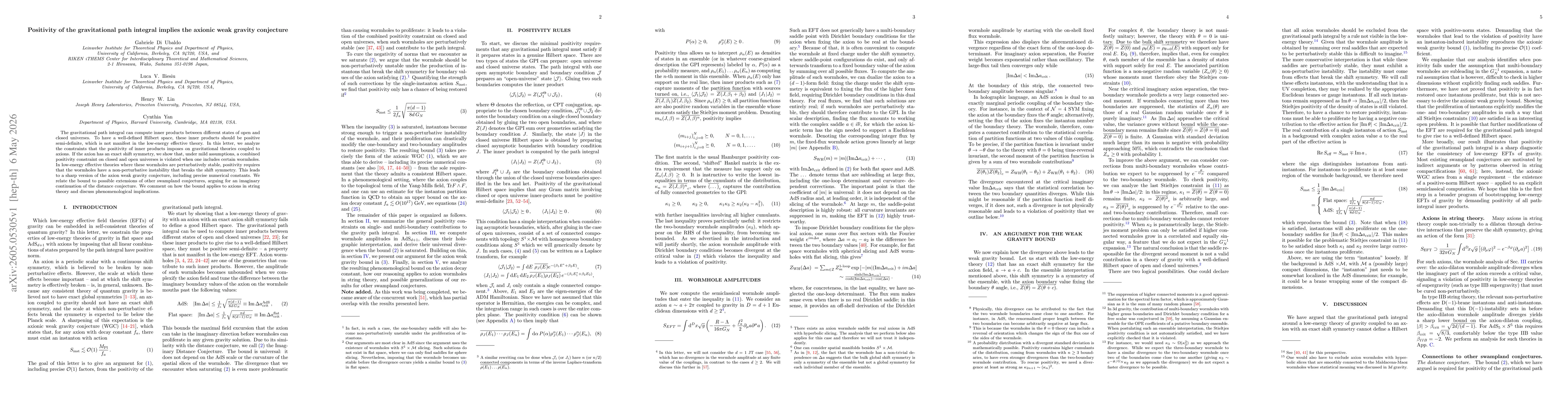 Thumbnail for Positivity of the gravitational path integral implies the axionic weak gravity conjecture