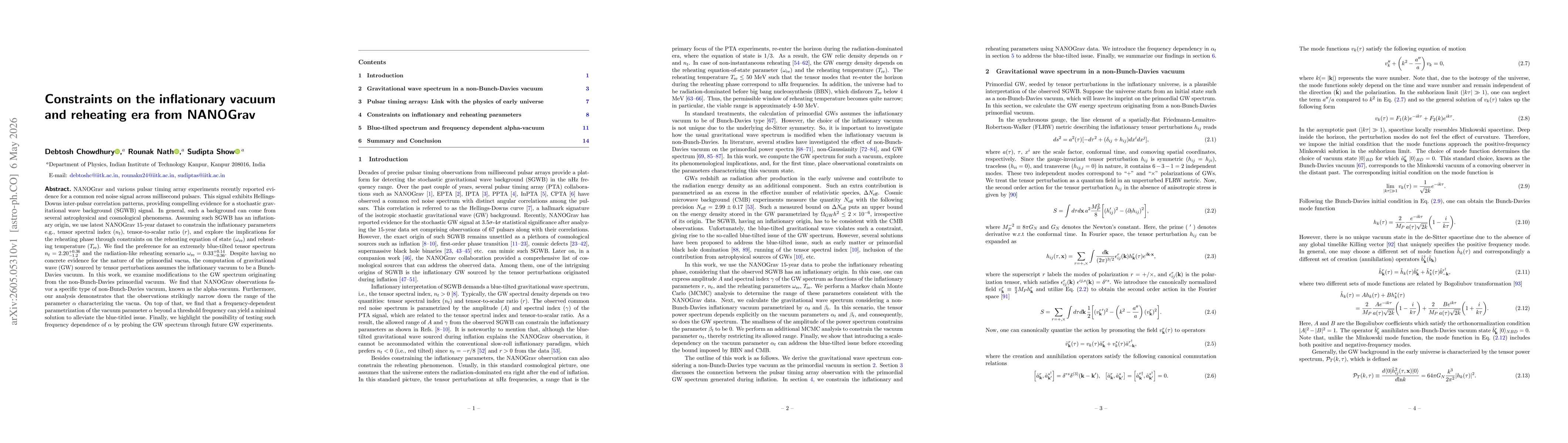 Thumbnail for Constraints on the inflationary vacuum and reheating era from NANOGrav