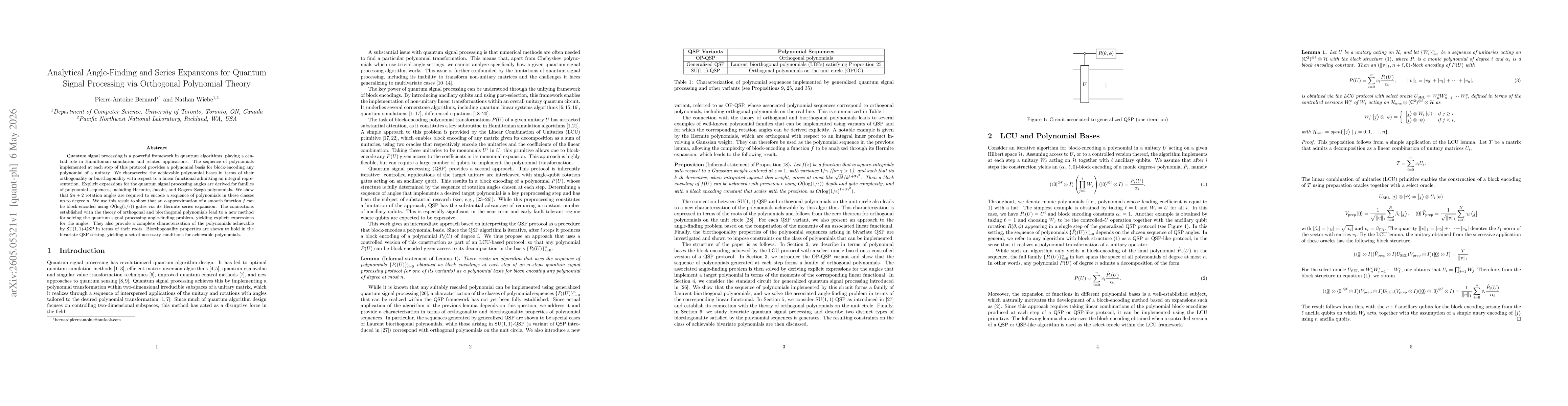 Thumbnail for Analytical Angle-Finding and Series Expansions for Quantum Signal Processing via Orthogonal Polynomial Theory