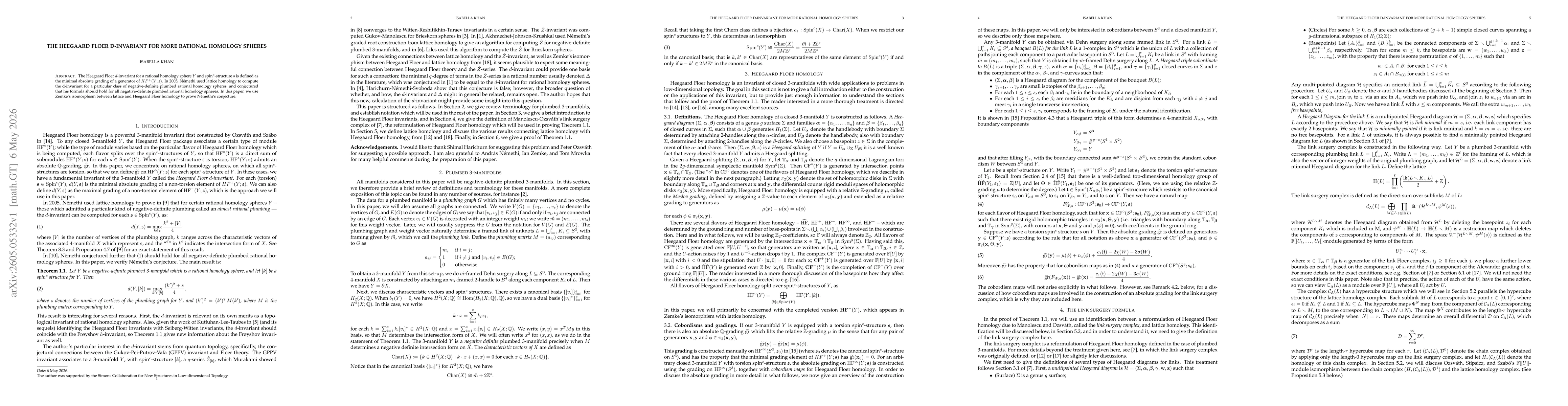 Thumbnail for The Heegaard Floer d-invariant for more rational homology spheres
