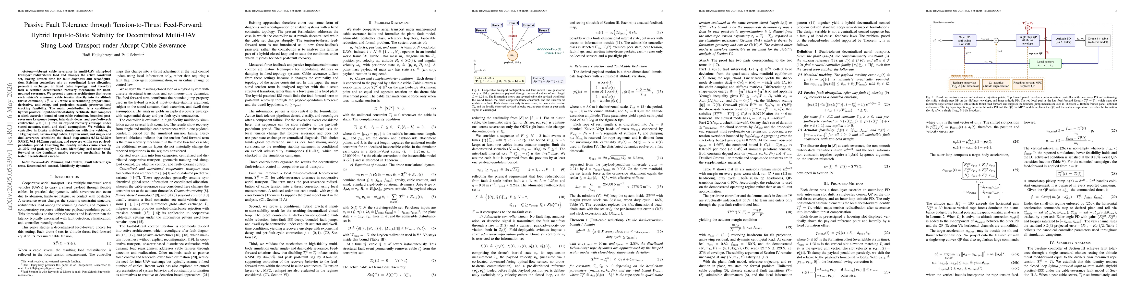 Thumbnail for Passive Fault Tolerance through Tension-to-Thrust Feed-Forward: Hybrid Input-to-State Stability for Decentralized Multi-UAV Slung-Load Transport under Abrupt Cable Severance