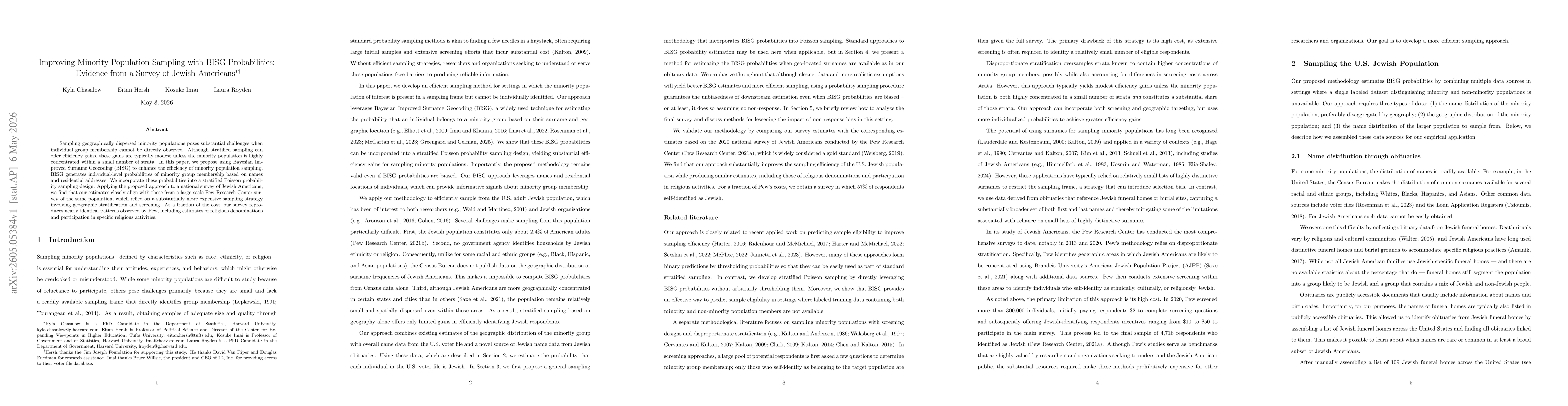 Thumbnail for Improving Minority Population Sampling with BISG Probabilities: Evidence from a Survey of Jewish Americans