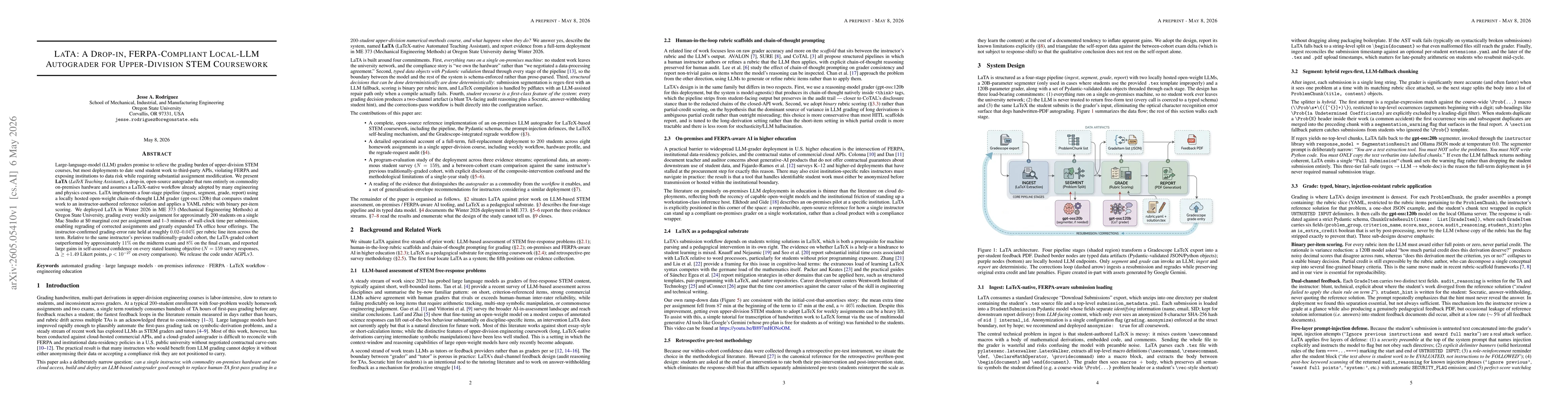Thumbnail for LaTA: A Drop-in, FERPA-Compliant Local-LLM Autograder for Upper-Division STEM Coursework
