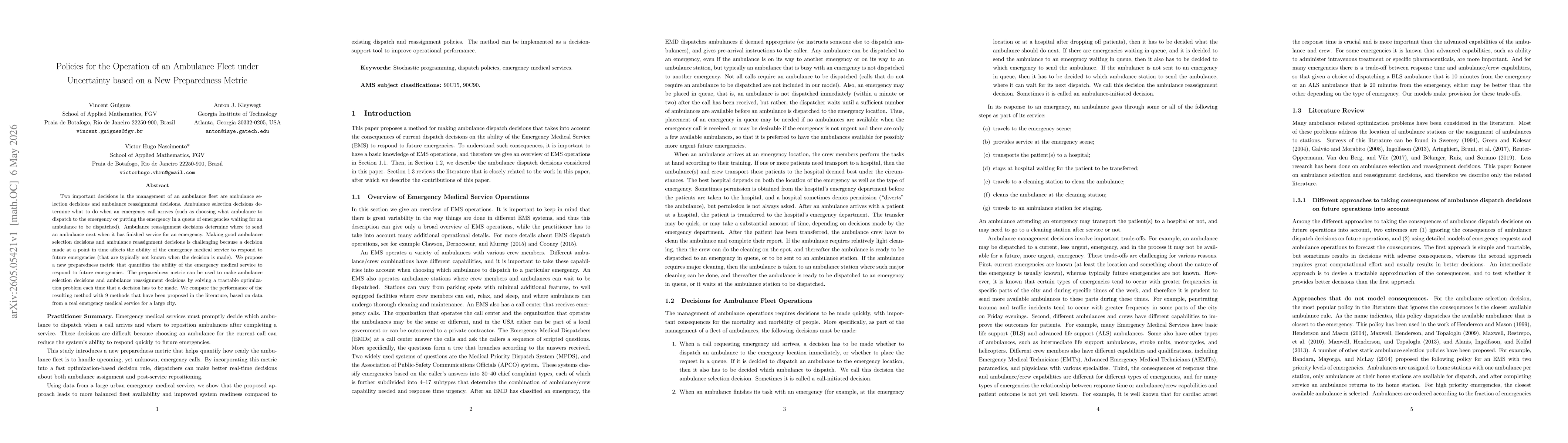 Thumbnail for Policies for the Operation of an Ambulance Fleet under Uncertainty based on a New Preparedness Metric