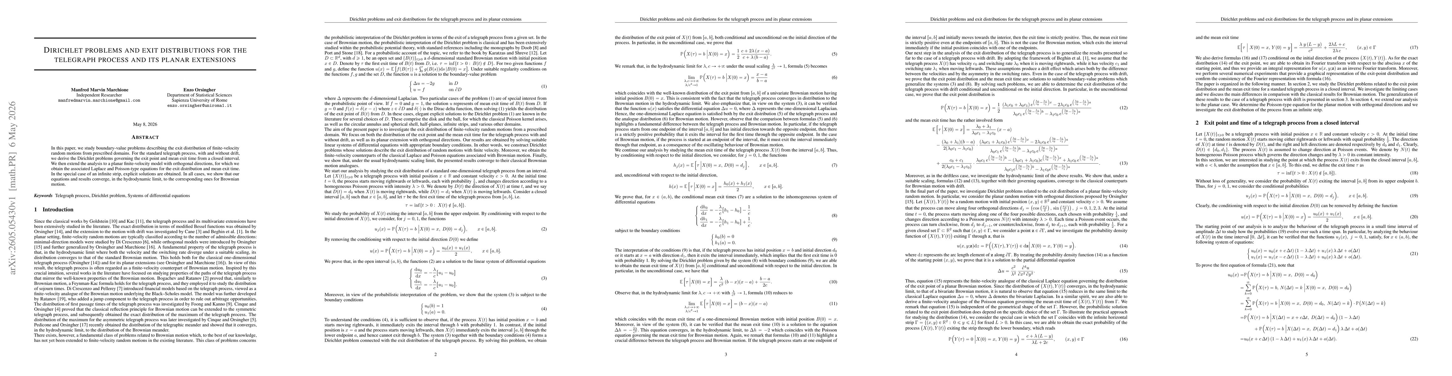 Thumbnail for Dirichlet problems and exit distributions for the telegraph process and its planar extensions