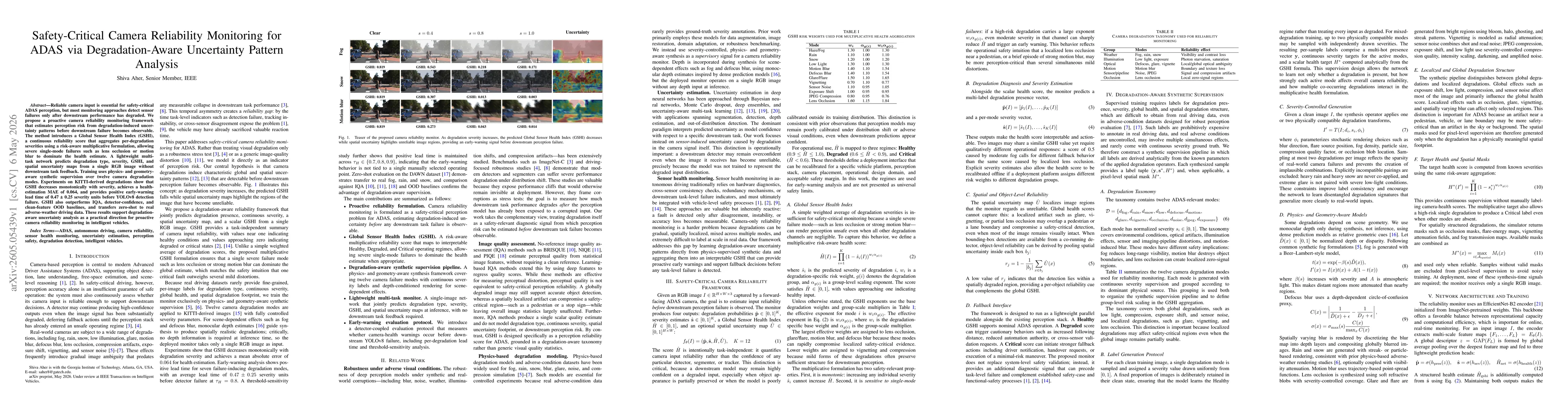 Thumbnail for Safety-Critical Camera Reliability Monitoring for ADAS via Degradation-Aware Uncertainty Pattern Analysis