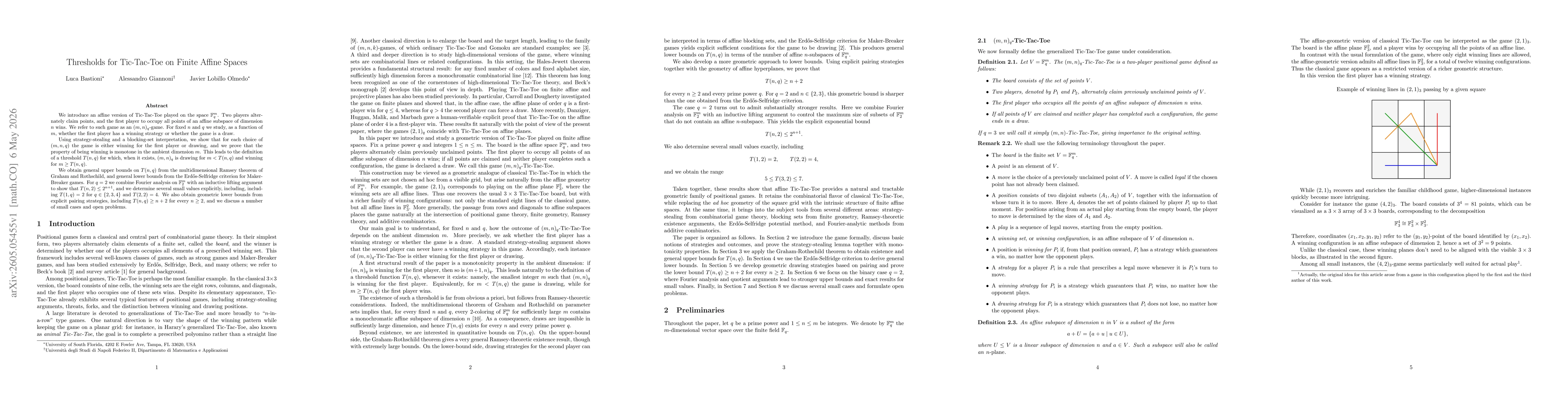 Thumbnail for Thresholds for Tic-Tac-Toe on Finite Affine Spaces