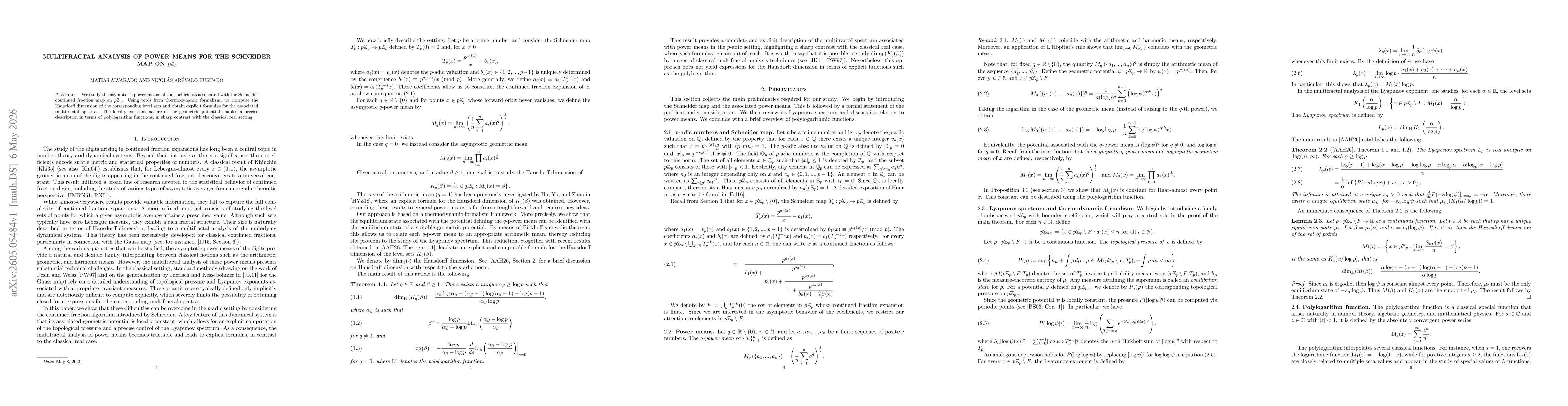 Thumbnail for Multifractal analysis of power means for the Schneider map on $p\mathbb{Z}_p$
