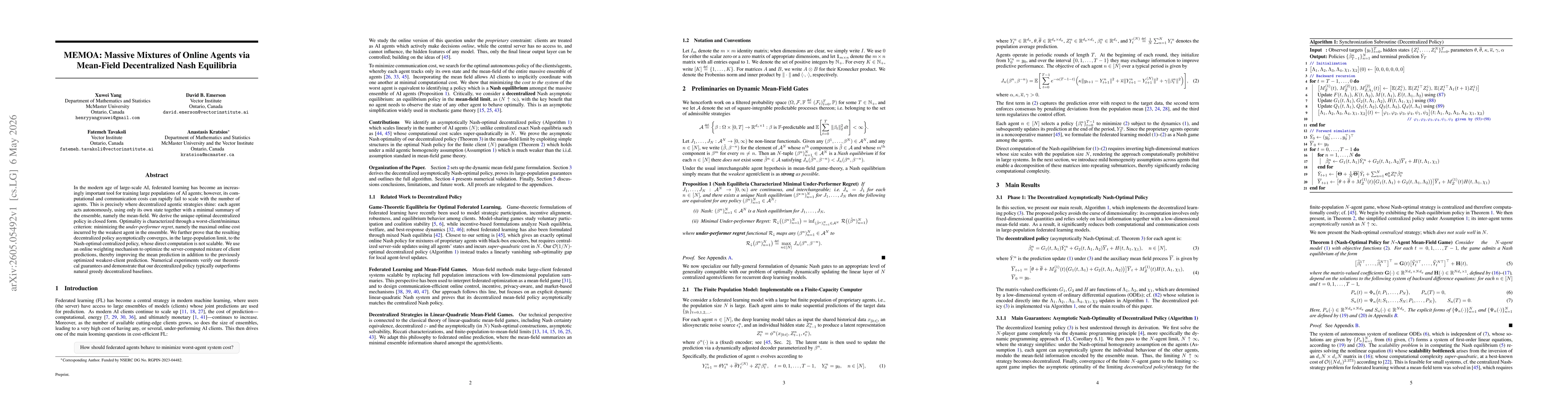 Thumbnail for MEMOA: Massive Mixtures of Online Agents via Mean-Field Decentralized Nash Equilibria