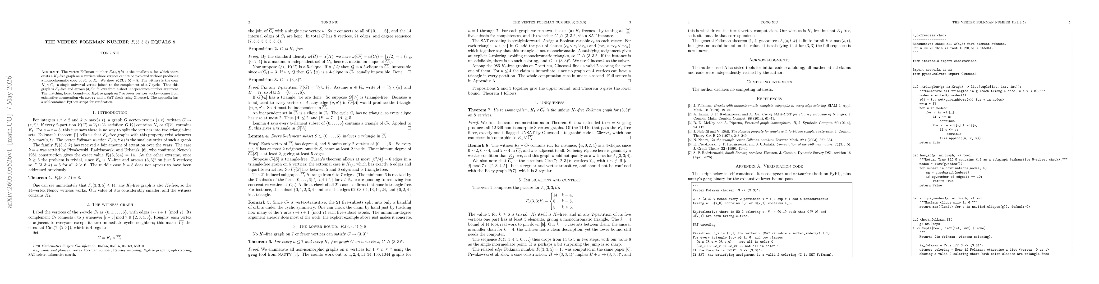 Thumbnail for The vertex Folkman number $F_v(3,3;5)$ equals~$8$