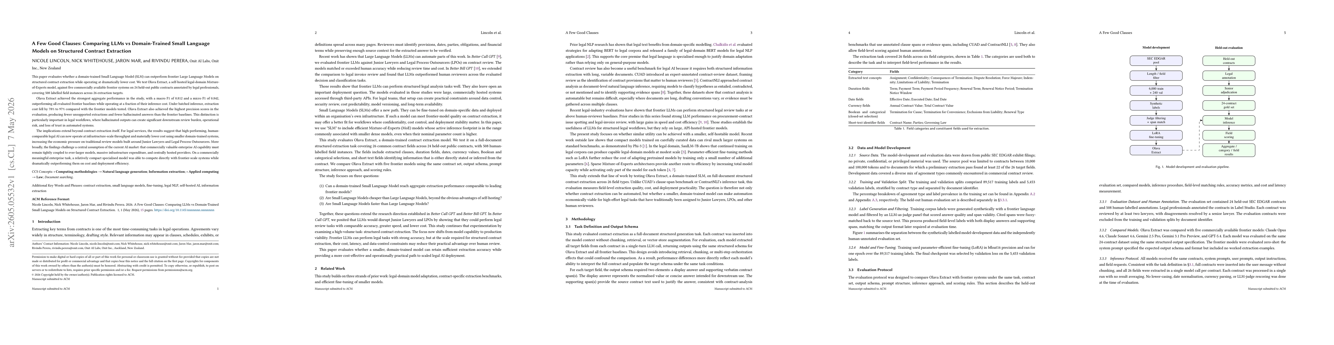 Thumbnail for A Few Good Clauses: Comparing LLMs vs Domain-Trained Small Language Models on Structured Contract Extraction