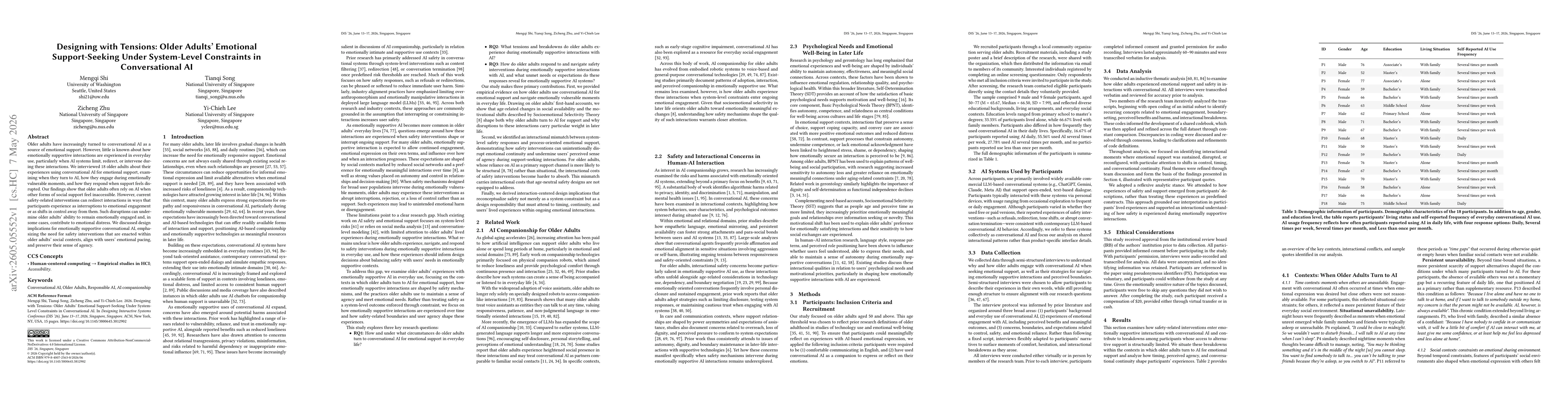 Thumbnail for Designing with Tensions: Older Adults' Emotional Support-Seeking Under System-Level Constraints in Conversational AI