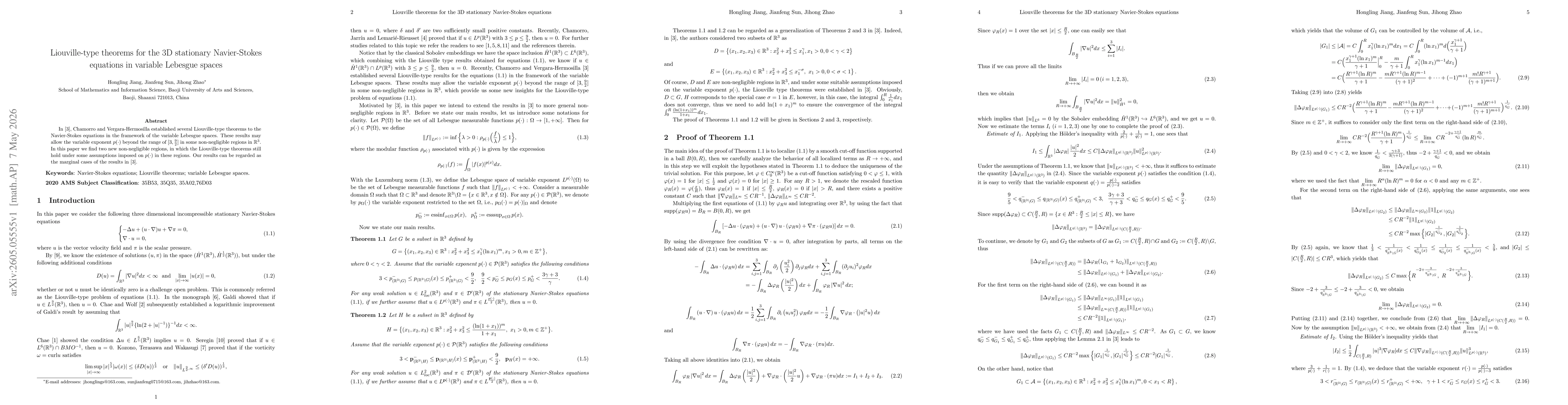 Thumbnail for Liouville-type theorems for the 3D stationary Navier-Stokes equations in variable Lebesgue spaces
