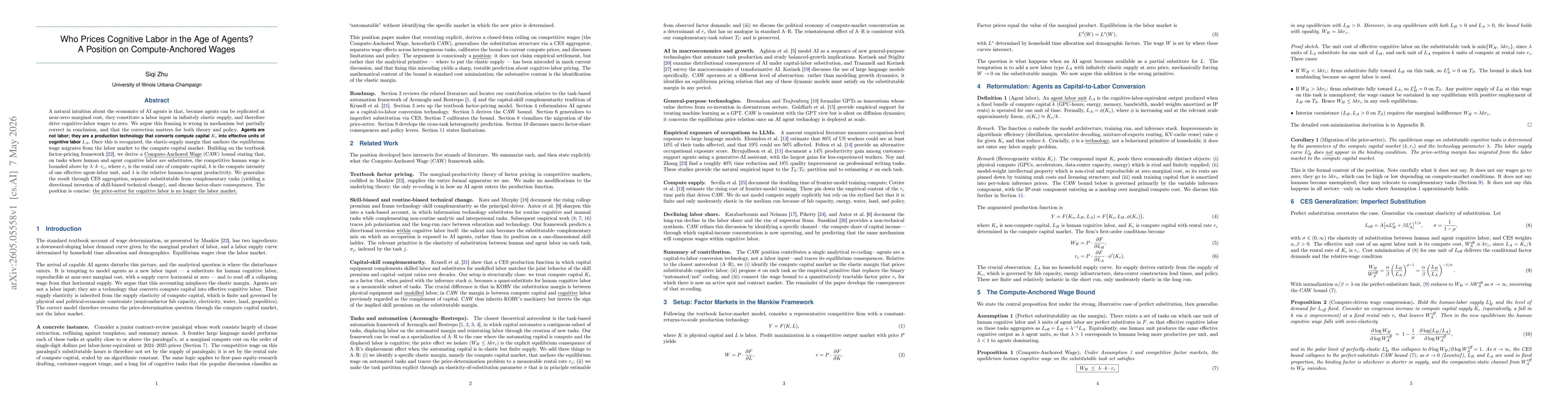 Thumbnail for Who Prices Cognitive Labor in the Age of Agents? A Position on Compute-Anchored Wages
