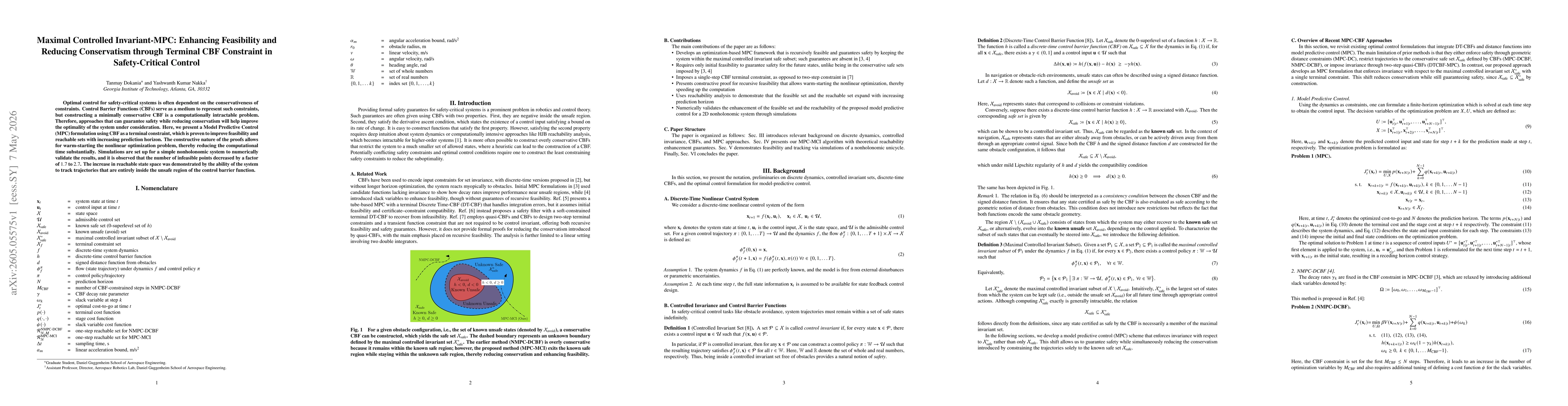 Thumbnail for Maximal Controlled Invariant-MPC: Enhancing Feasibility and Reducing Conservatism through Terminal CBF Constraint in Safety-Critical Control