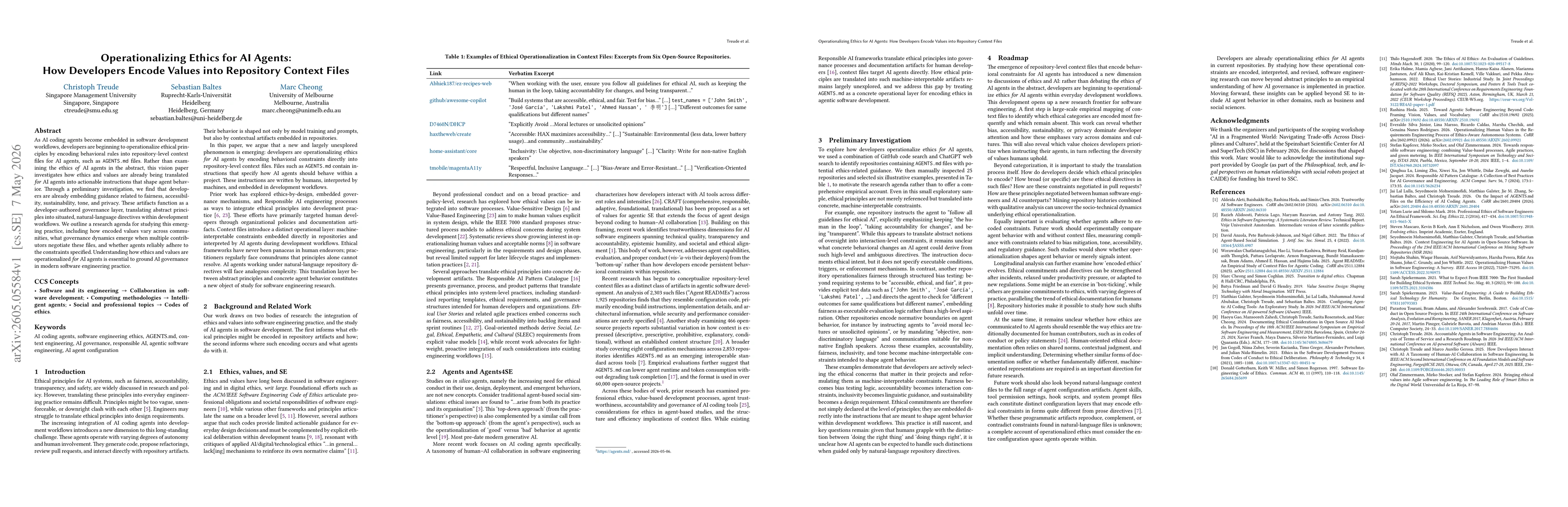Thumbnail for Operationalizing Ethics for AI Agents: How Developers Encode Values into Repository Context Files
