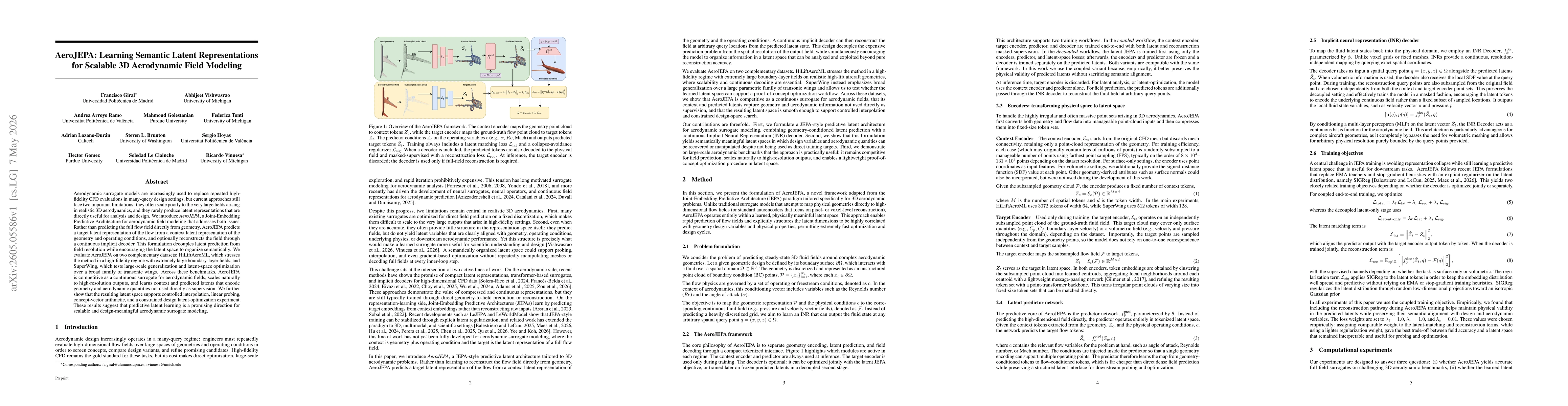 Thumbnail for AeroJEPA: Learning Semantic Latent Representations for Scalable 3D Aerodynamic Field Modeling
