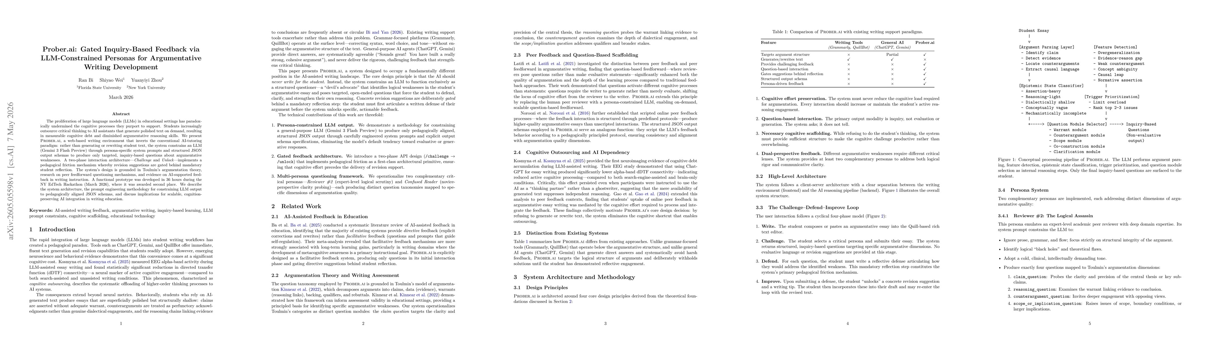 Thumbnail for Prober.ai: Gated Inquiry-Based Feedback via LLM-Constrained Personas for Argumentative Writing Development