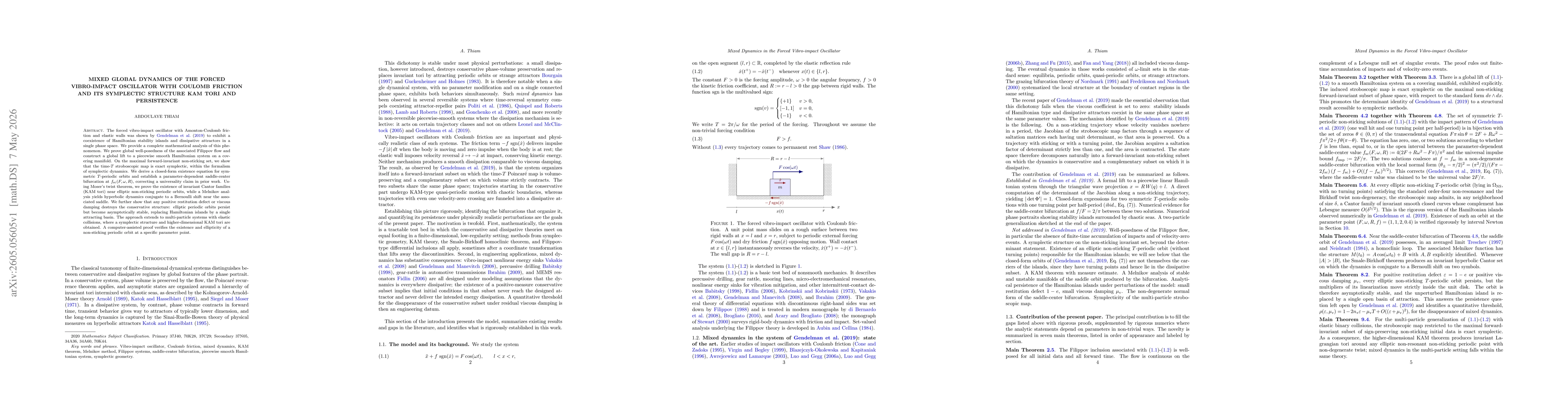 Thumbnail for Mixed Global Dynamics of the Forced Vibro-Impact Oscillator with Coulomb Friction and its Symplectic Structure, KAM Tori, and Persistence