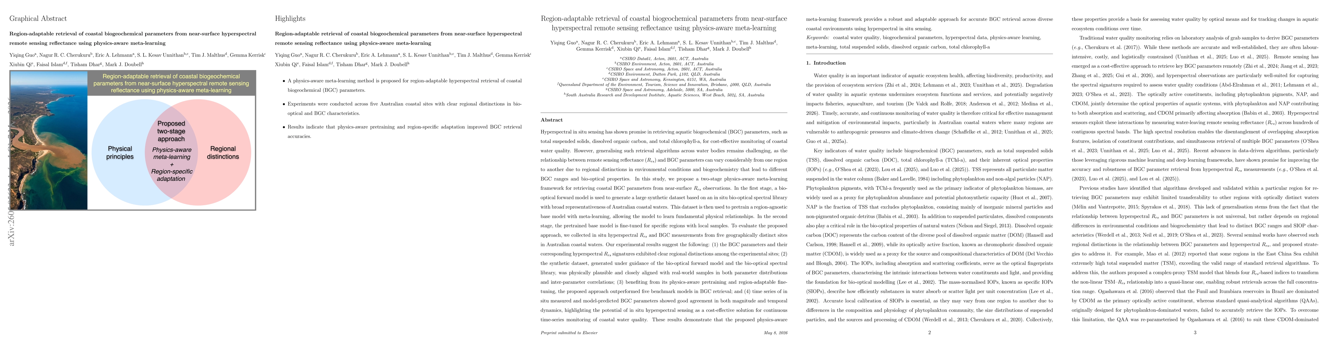 Thumbnail for Region-adaptable retrieval of coastal biogeochemical parameters from near-surface hyperspectral remote sensing reflectance using physics-aware meta-learning