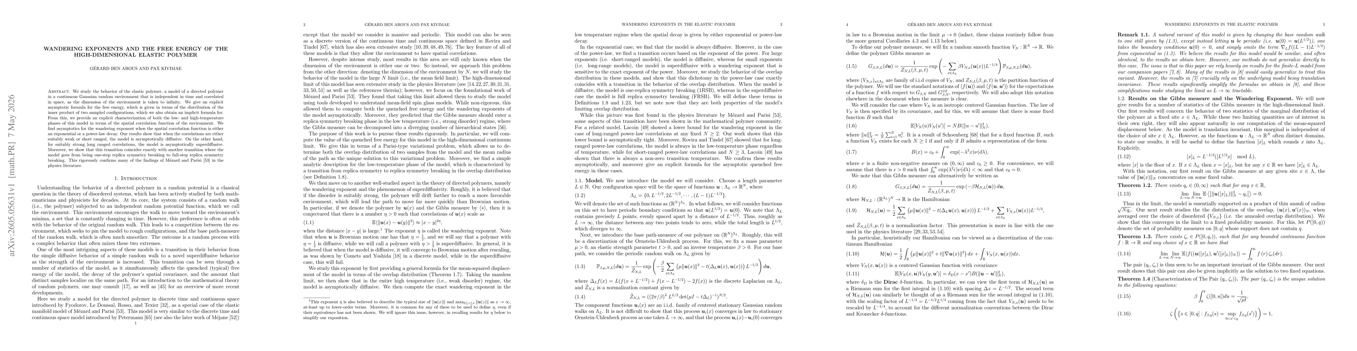 Thumbnail for Wandering Exponents and the Free Energy of the High-Dimensional Elastic Polymer