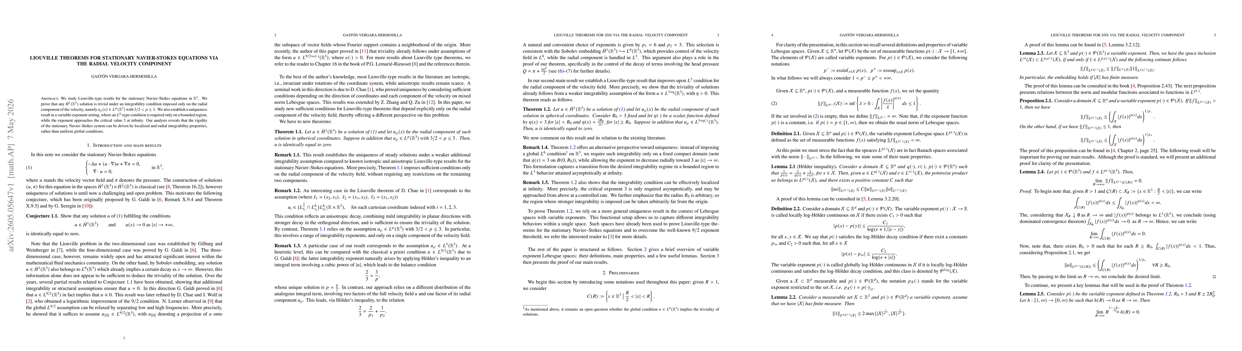 Thumbnail for Liouville Theorems for Stationary Navier-Stokes Equations via the Radial Velocity Component