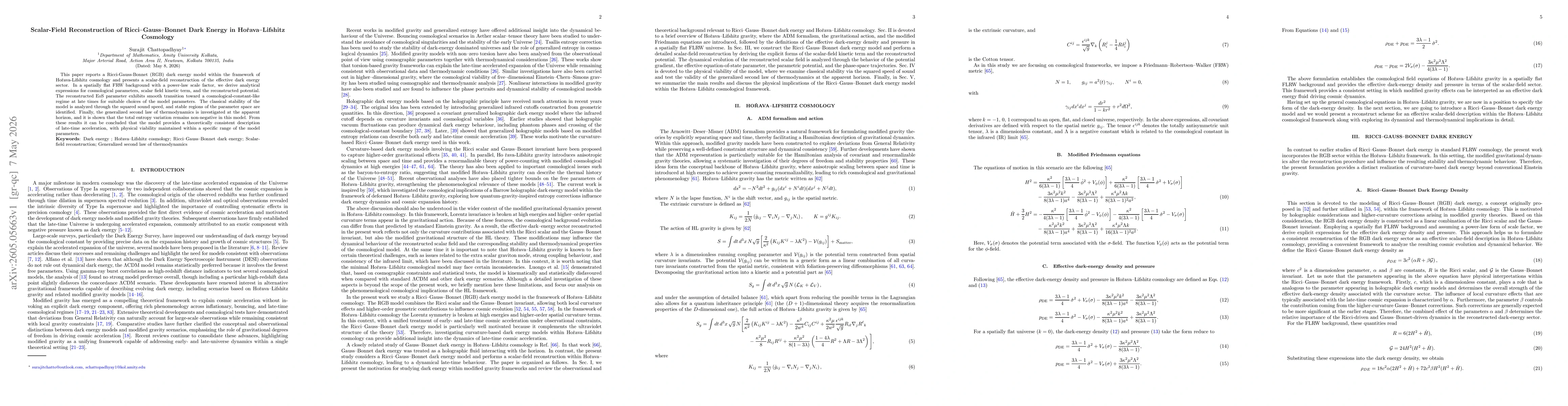 Thumbnail for Scalar-Field Reconstruction of Ricci--Gauss--Bonnet Dark Energy in Hořava--Lifshitz Cosmology