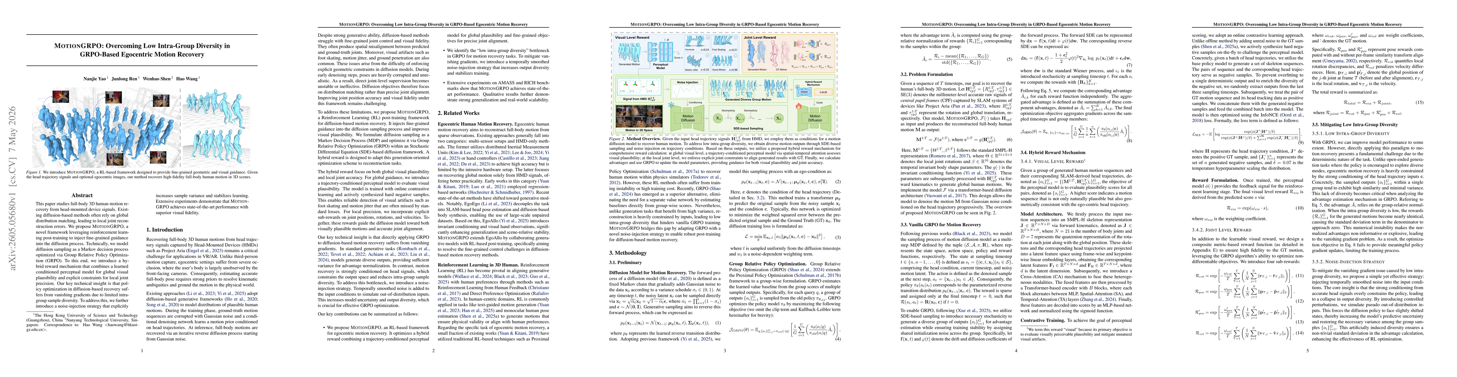 Thumbnail for MotionGRPO: Overcoming Low Intra-Group Diversity in GRPO-Based Egocentric Motion Recovery