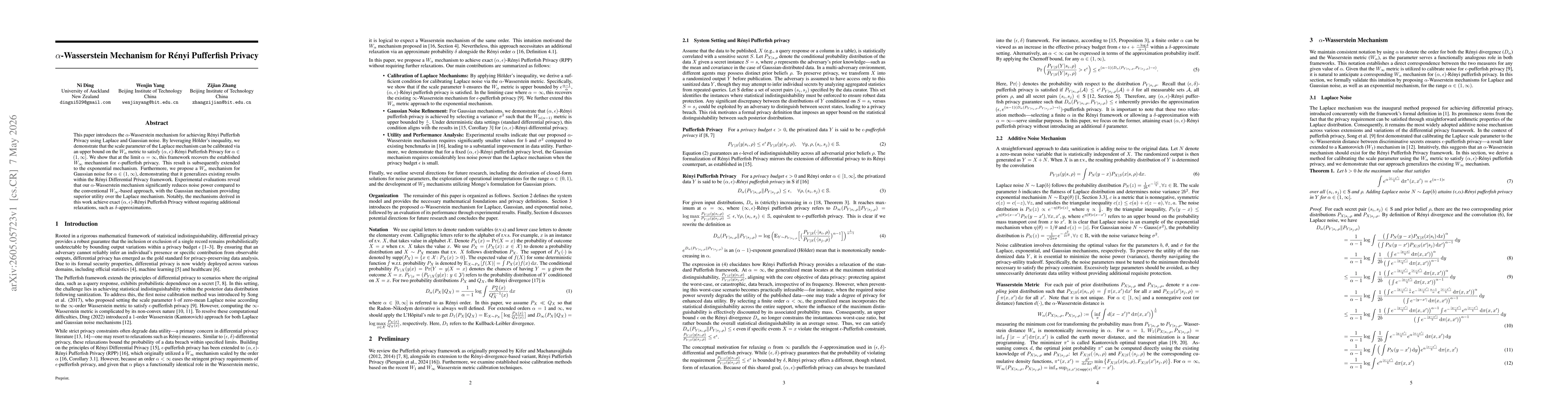 Thumbnail for $α$-Wasserstein Mechanism for Rényi Pufferfish Privacy