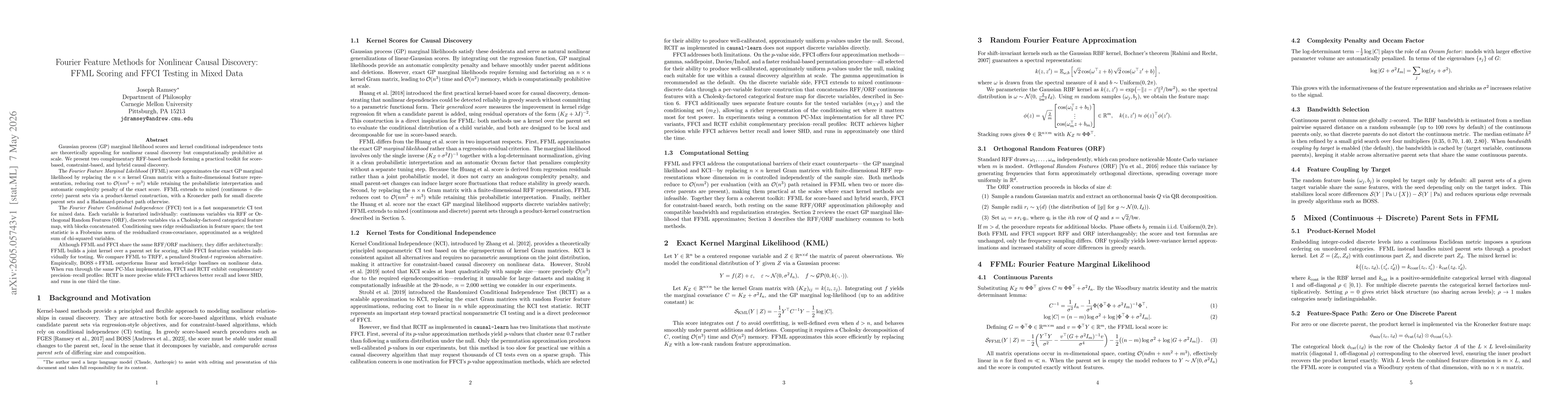 Thumbnail for Fourier Feature Methods for Nonlinear Causal Discovery: FFML Scoring and FFCI Testing in Mixed Data