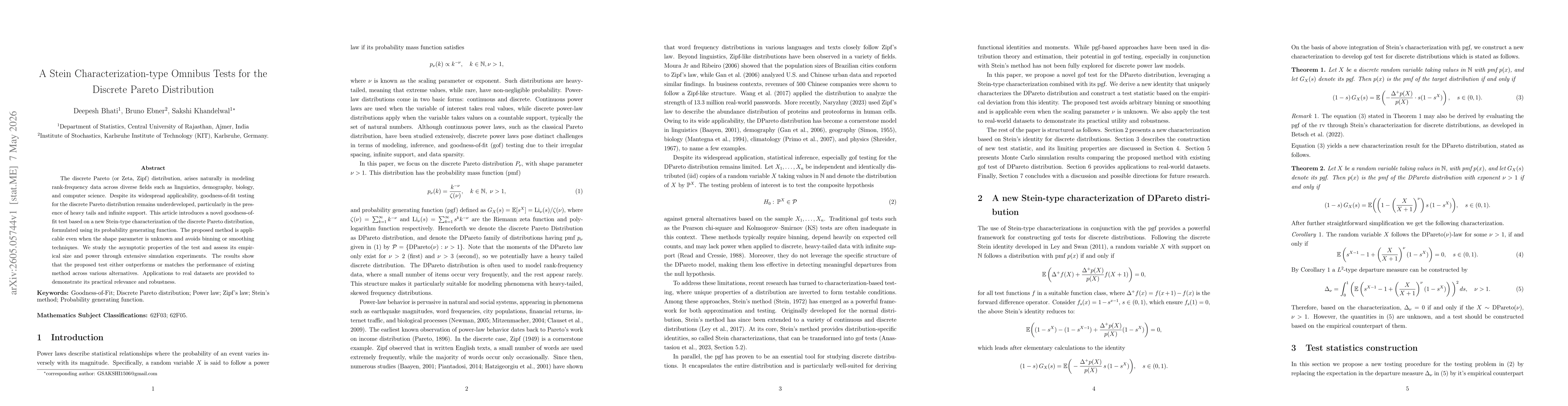 Thumbnail for A Stein Characterization-type Omnibus Tests for the Discrete Pareto Distribution