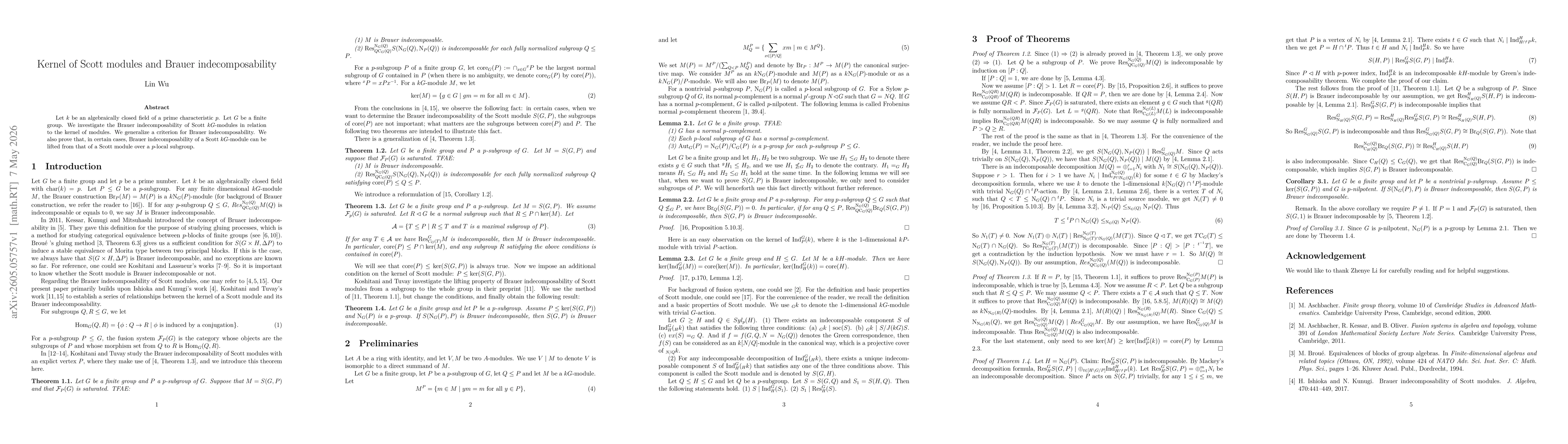 Thumbnail for Kernel of Scott modules and Brauer indecomposability