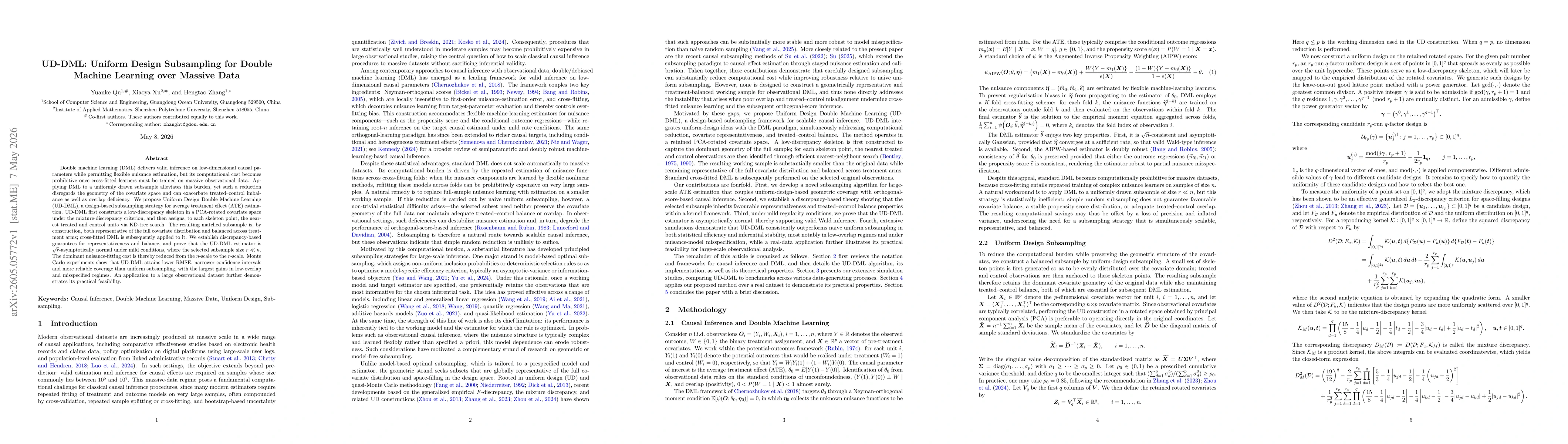 Thumbnail for UD-DML: Uniform Design Subsampling for Double Machine Learning over Massive Data
