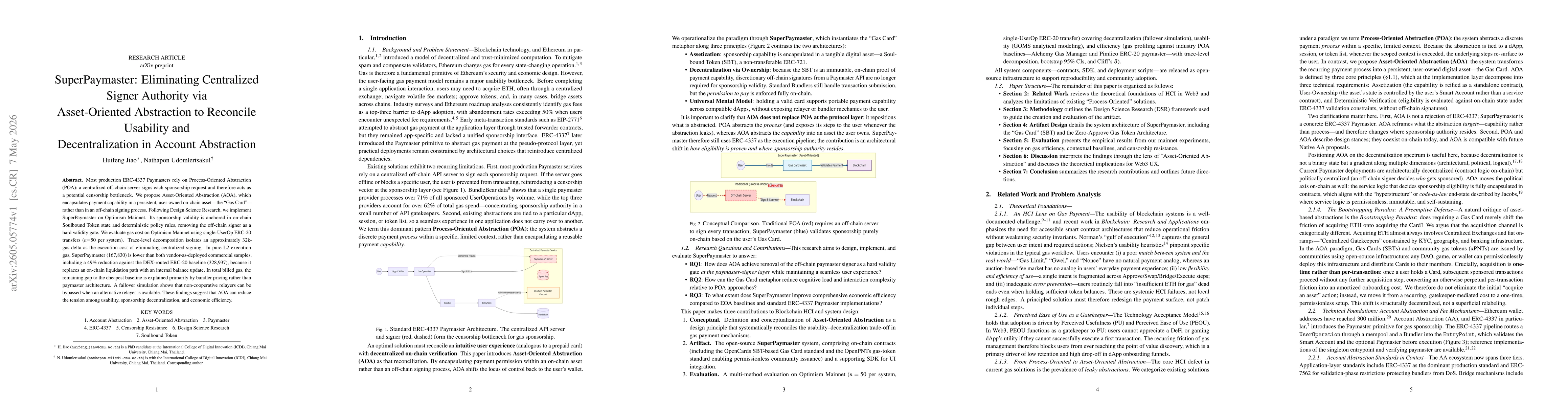 Thumbnail for SuperPaymaster: Eliminating Centralized Signer Authority via Asset-Oriented Abstraction to Reconcile Usability and Decentralization in Account Abstraction