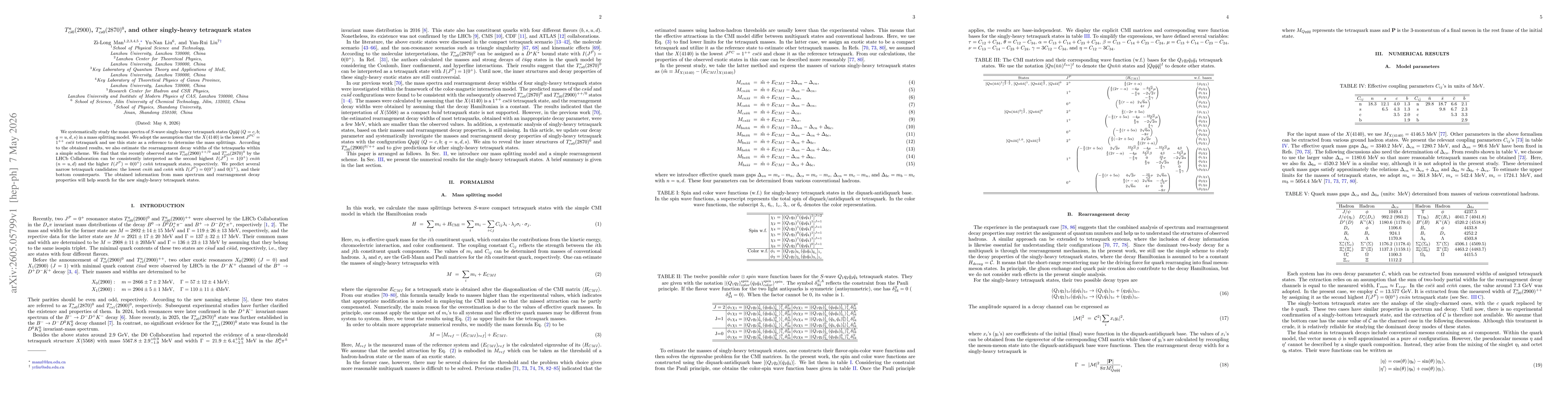 Thumbnail for $T^a_{c\bar{s}0}(2900)$, $T_{cs0}^*(2870)^0$, and other singly-heavy tetraquark states