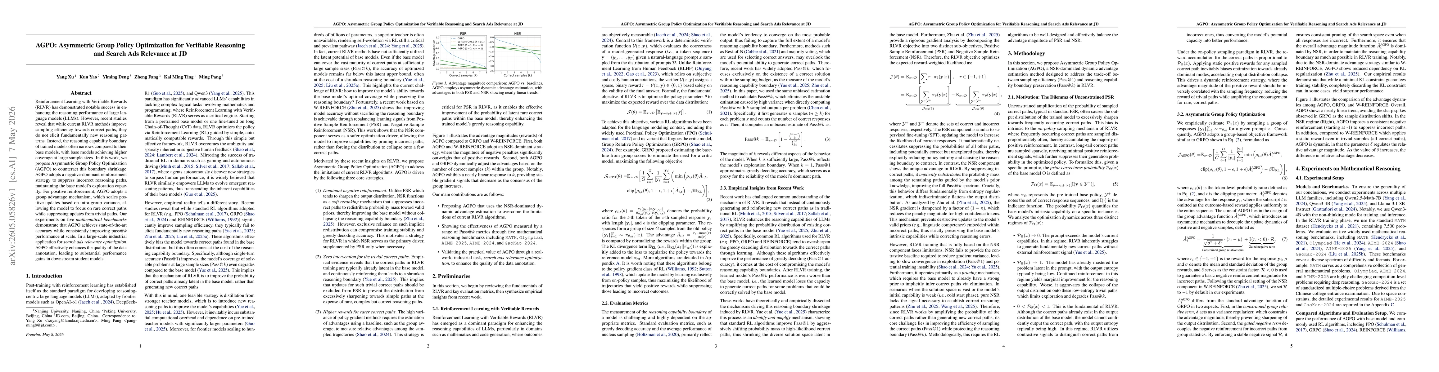 Thumbnail for AGPO: Asymmetric Group Policy Optimization for Verifiable Reasoning and Search Ads Relevance at JD